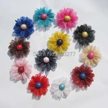 Ücretsiz kargo!!36 adet/grup DIY 12 renkler sparkly kumaş çiçek saç çiçek aksesuarı olabilir mix sipariş
