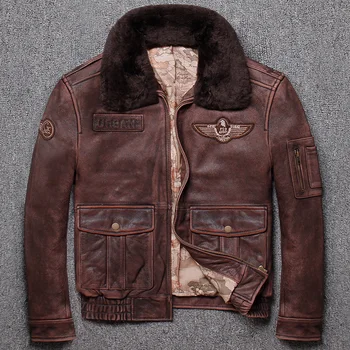Ücretsiz kargo.Marka yeni kış sıcak.Klasik G1 tarzı erkek deri ceket, vintage inek derisi Ceket, erkek kış deri kumaş