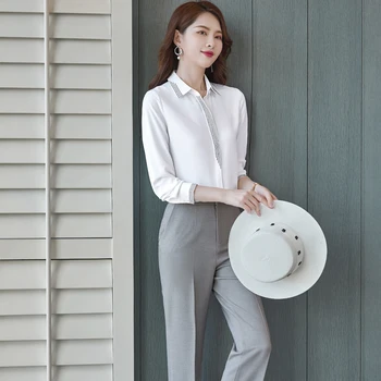 İlkbahar Sonbahar Kadın Bluz Ve Pantolon Setleri İki Adet OL Stilleri Moda Rahat Basit Gömlek Üst Resmi Profesyonel Pantolon Takım Elbise