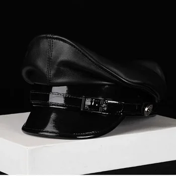 Şapka Lüks Kuzu Derisi Erkekler Erkek Almanya Memuru Visor Siyah Lokomotif Retro Askeri Şapka Patent Deri Kortikal Casquette