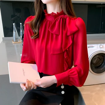 Şarap Kırmızı Ruffles Şifon Bluz Kadınlar Bahar Saray Retro Yüksek Boyun Uzun Kollu Bayan Gömlek Blusa Moda Rahat Kadın Üstleri