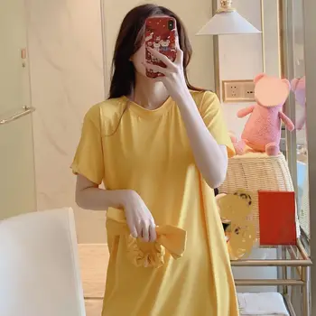 Şeker Düz Renk Gecelik Kadın Kız Elbise Gevşek Rahat Yuvarlak Boyun Ev Giyim Rahat Moda Pijama Ücretsiz saç bandı