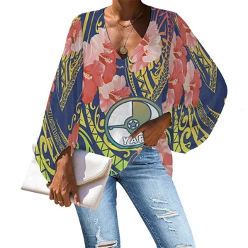 Şifon Gevşek Uzun Kollu Gömlek Polinezya Tribal Giyim YAP ADA Gömlek Pembe Ebegümeci Baskı Özel Kadın Bluz Streetwear