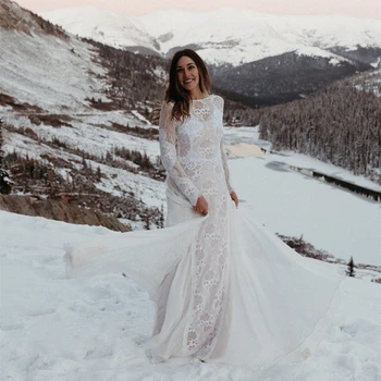 Şifon Ve Dantel Boho düğün elbisesi Seksi Backless Uzun Kollu gelinlikler 2022 Sonbahar Kış Ülke Robe De Mariee Custom Made