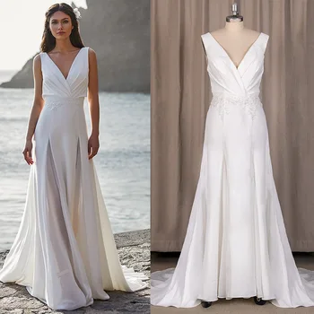Şifon Yüksek Bölünmüş Uzun V Boyun gelin kıyafeti 2021 Backless Dantel Plaj Artı Boyutu Saten Pileli Boho Anahtar Deliği düğün elbisesi 10037#