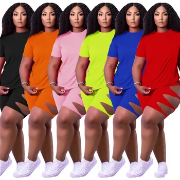 Şort Takım Elbise Seksi Yuvarlak Yaka Hollow Out Katı Renk Moda Yaz Kısa kollu Gevşek 2 Parça Setleri Bayan Kıyafetler Özel
