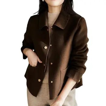 Şık Bayan sonbahar ceket düz renk sıcak yaka Anti-kırışıklık cepler kadın ceket